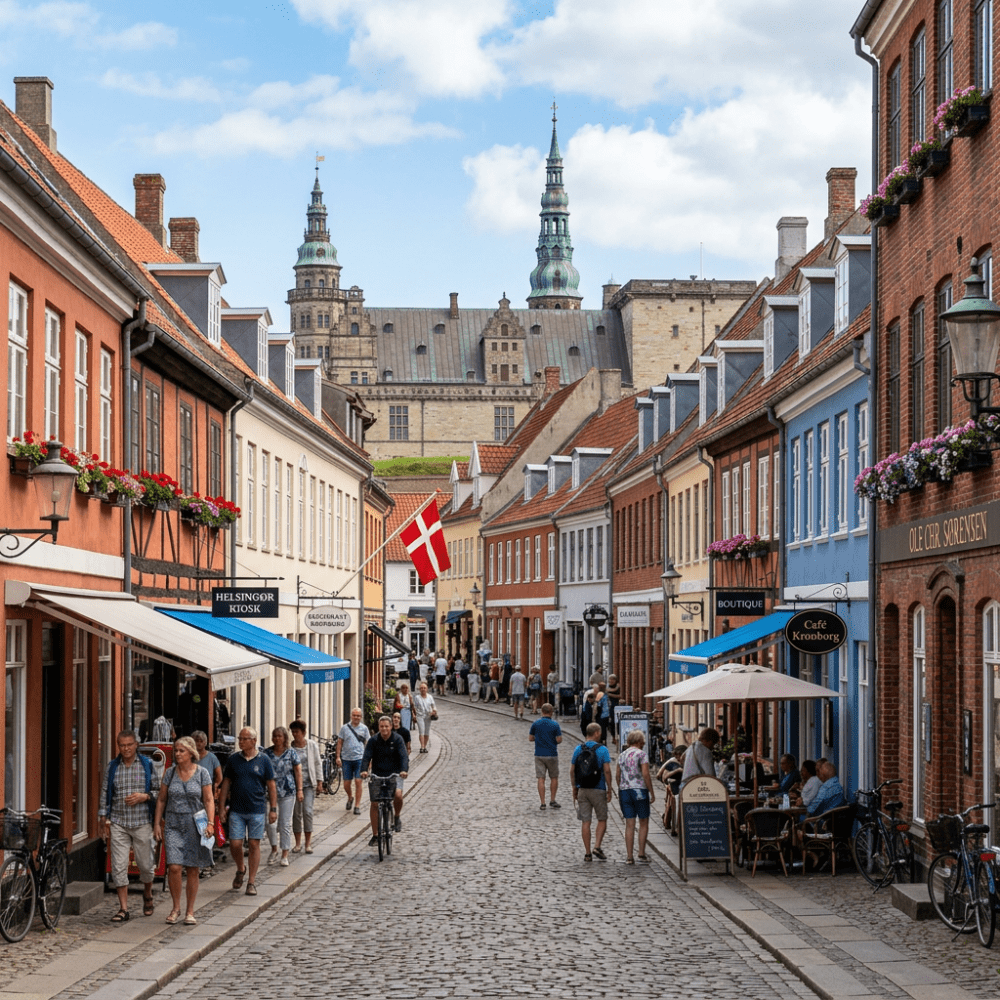 Cobblestone street with people walking and cycling, colorful buildings with flower boxes, Danish flag, and castle towers in the background