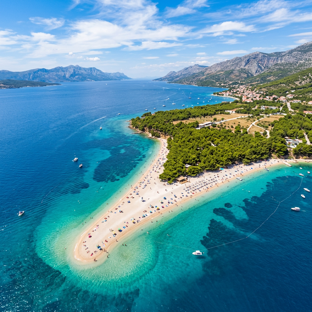 A sandy Croatian beach stretching into clear turquoise sea with boats and people