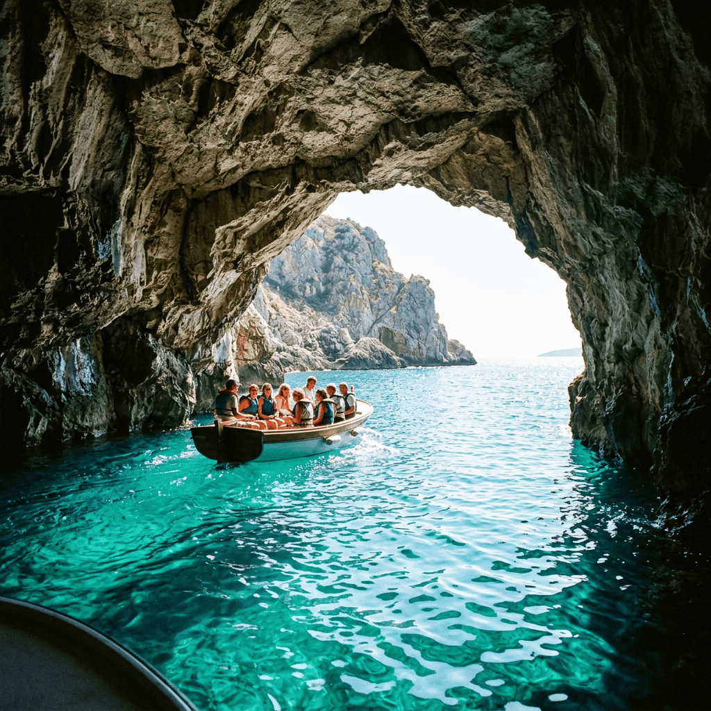 Boat carrying passengers inside a rocky sea cave with turquoise water and bright daylight.